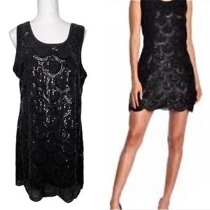 Papillon Black Sequin Sleeveless Scalloped Mini Dr